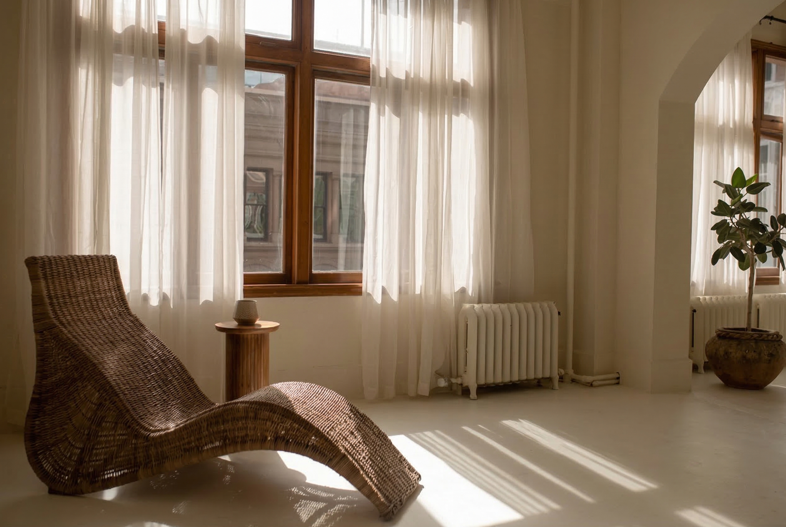 A wicker lounge chair and small wooden end table sit in a largely empty room.