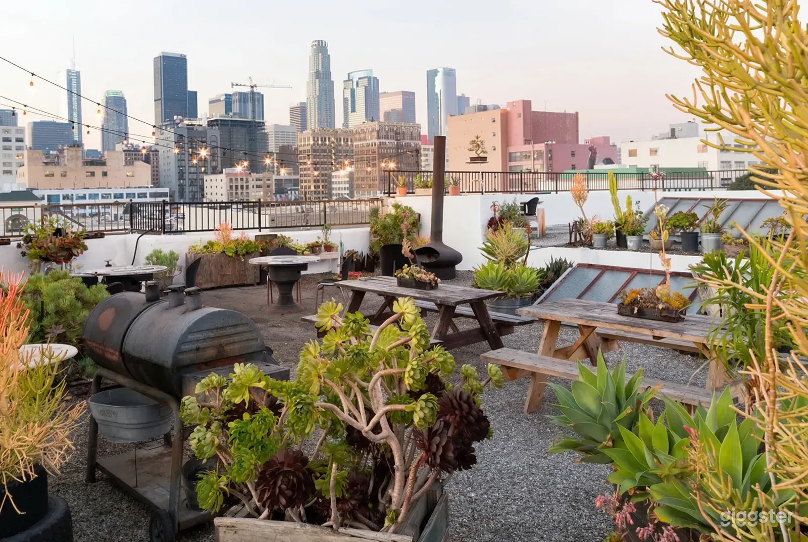 A desert style rooftop has tables, cacti and an outdoor fireplace.