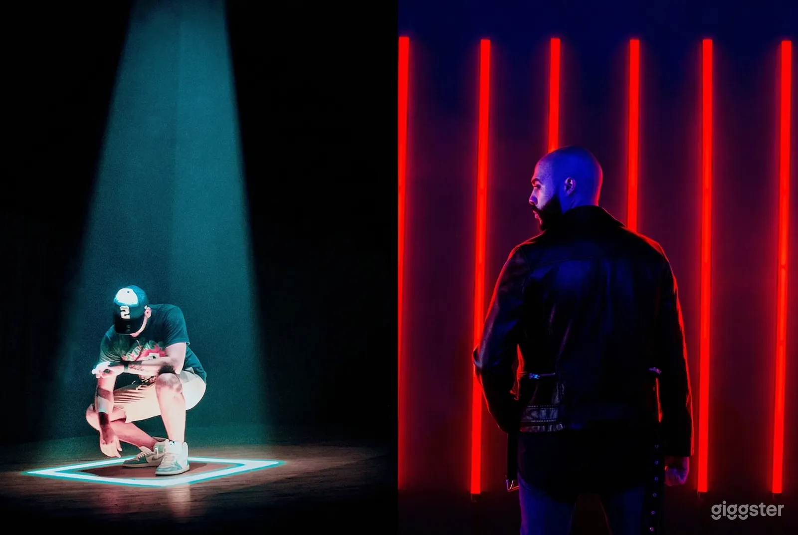 A man poses in a crouched position under a green light while a second person is off to the side highlighted in red lighting.