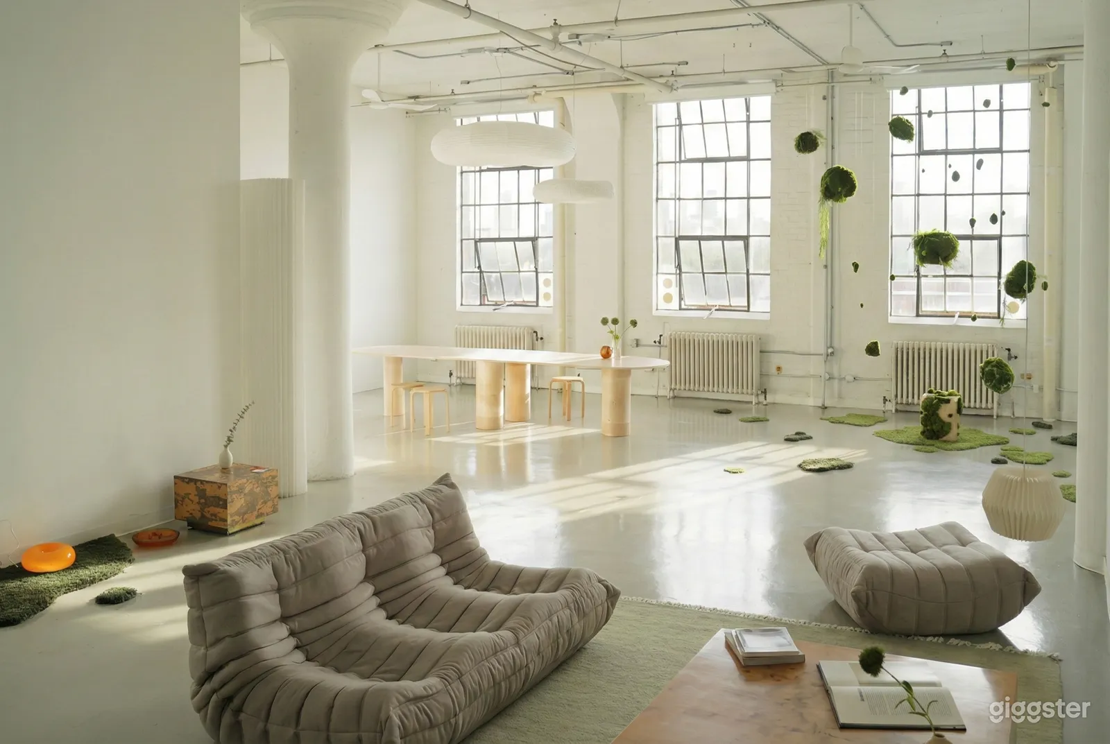 An industrial style white painted room with a couch in the foreground.