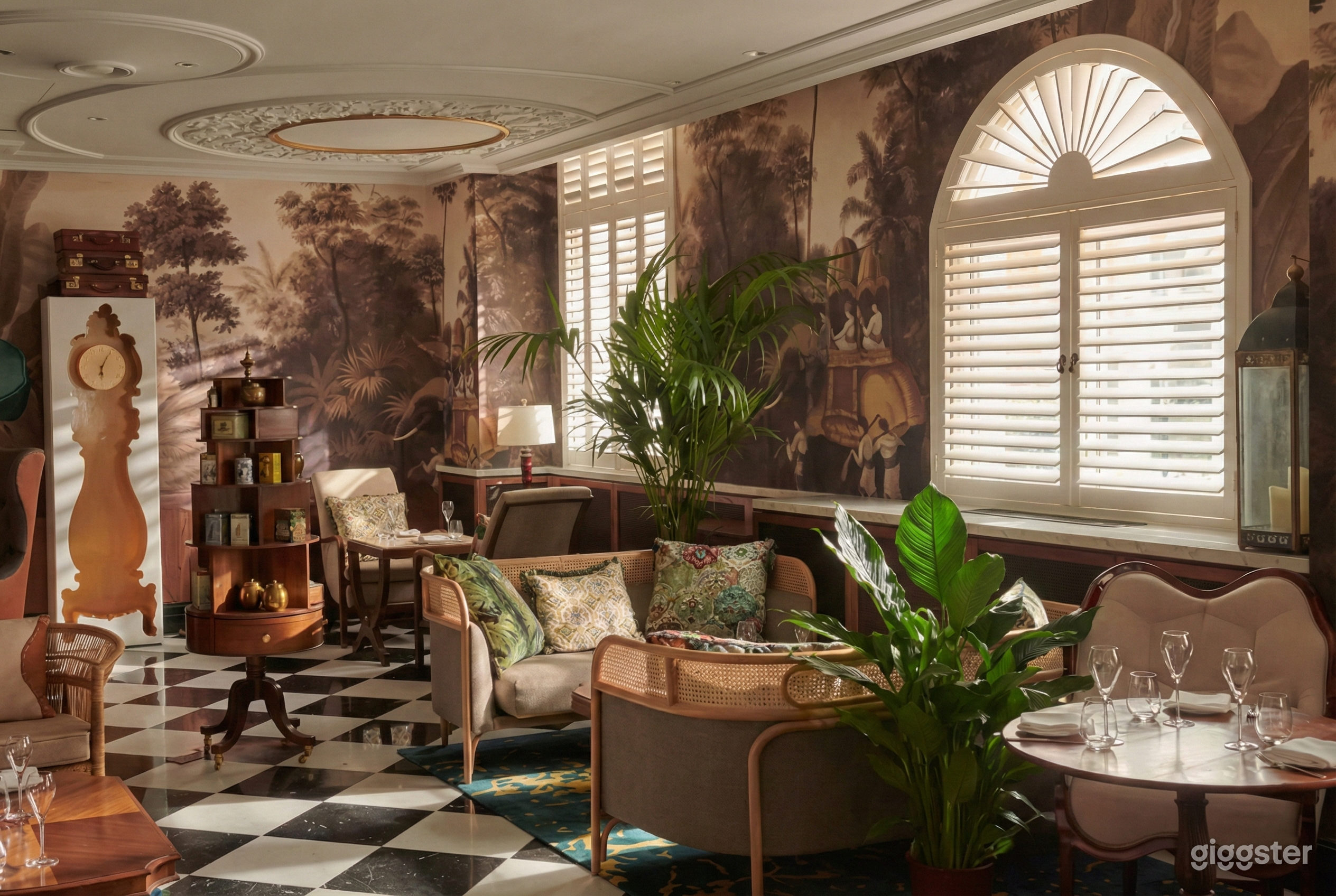 Comfortable seating is the focus of a garden style room with large plants, a checkered floor and decorative wall paper.