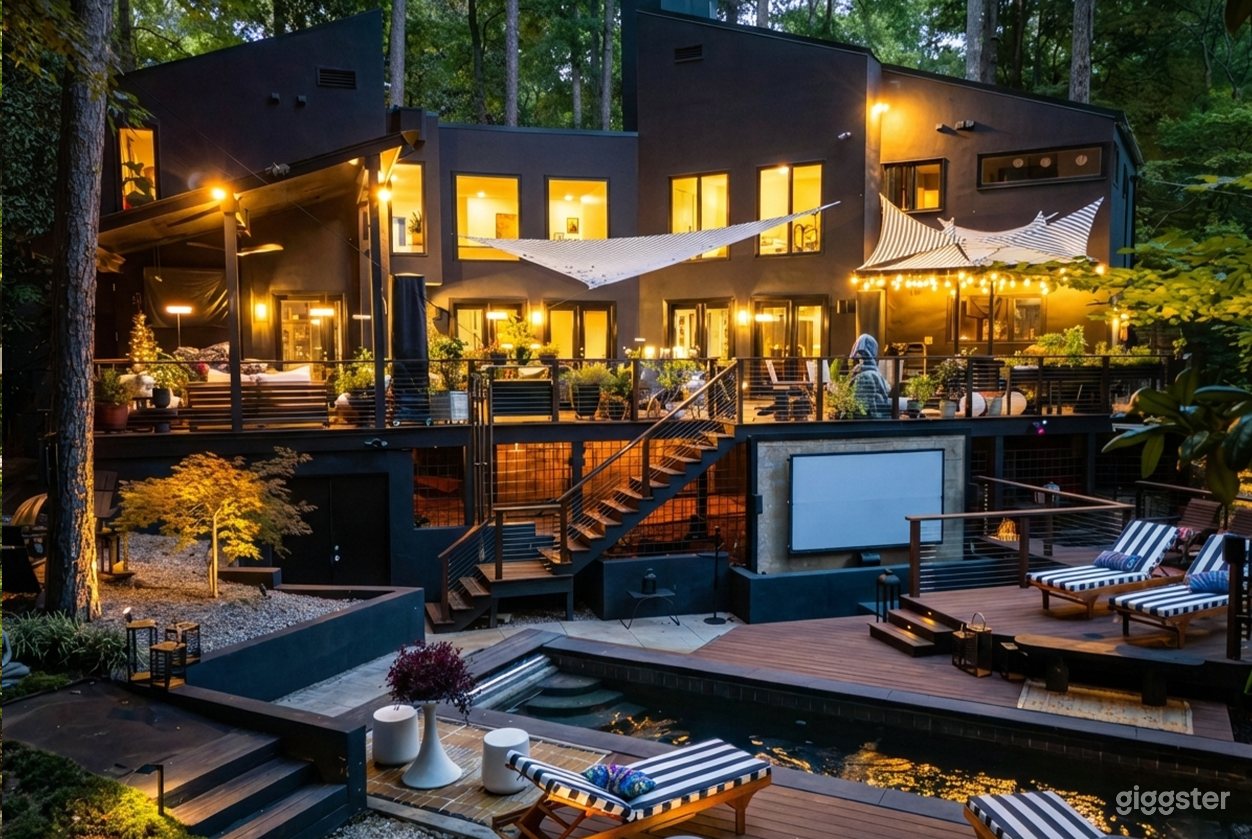 Multi-levelled terrace with lights and plants will host a garden party.