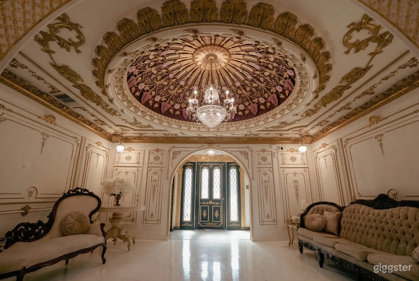 A ballroom style room has an ornate gold and beige ceiling over a period chaise lounge and couch.