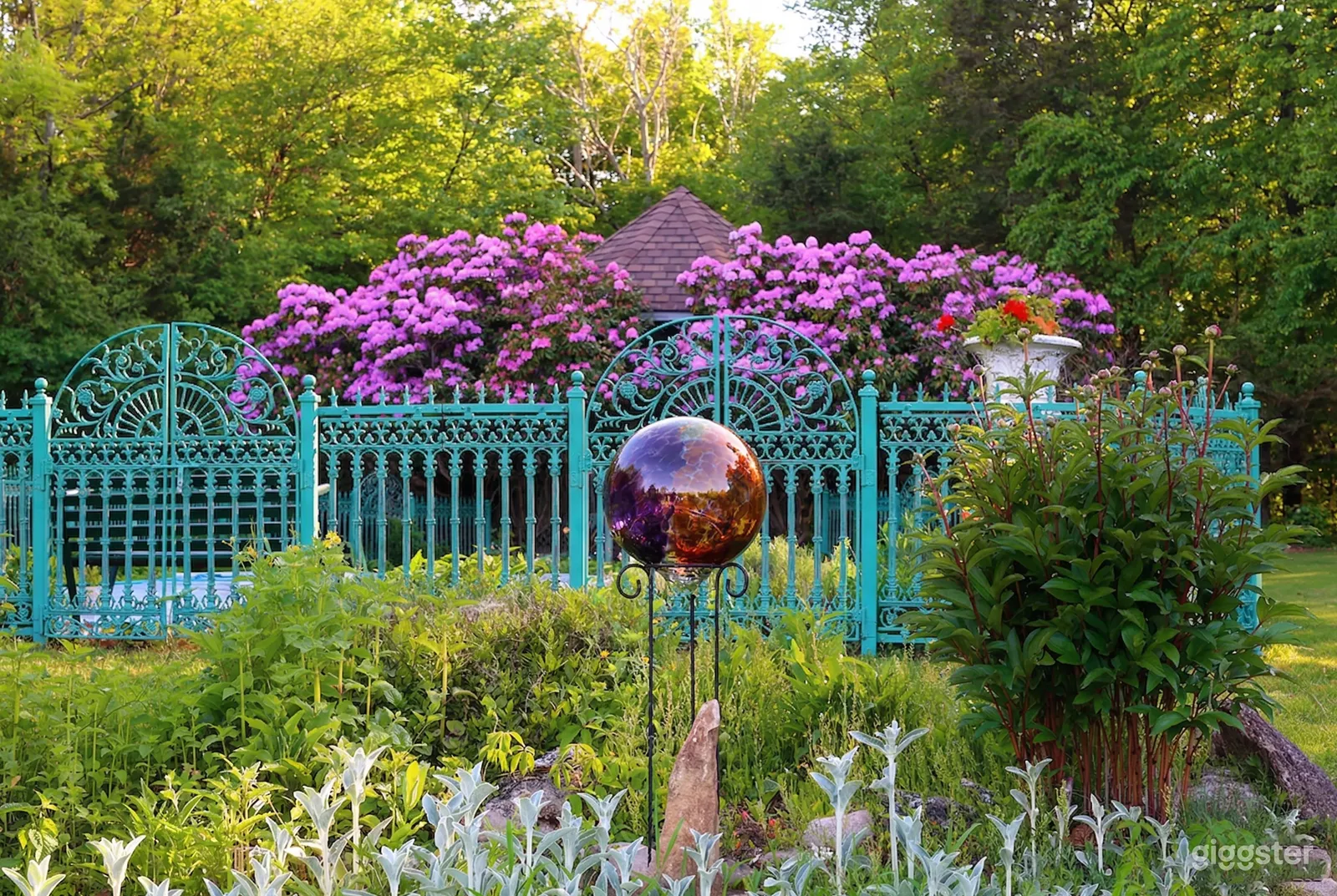 A turquoise wrought iron fence is the focal point of an English style garden.