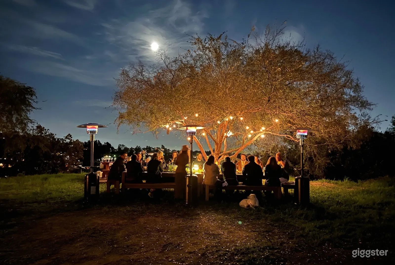 People are seated around picnic tables under trees decorated with string lights, and three outdoor heaters are placed to warm the group.